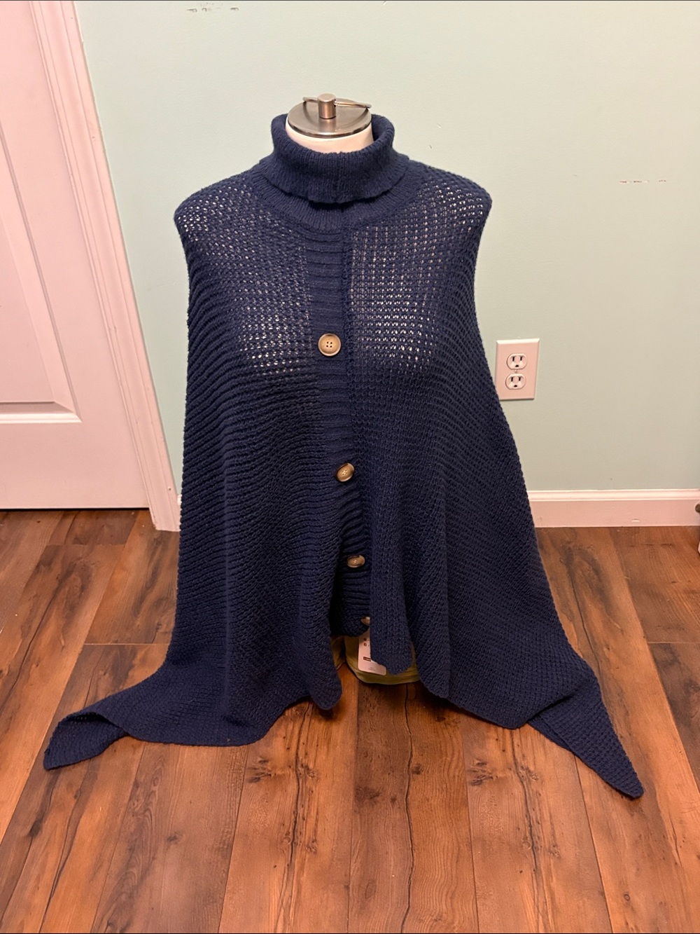 Turtleneck Button-Front Knit Poncho in Navy